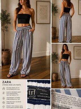 Zara White and Navy Striped Elastic Waist Pants